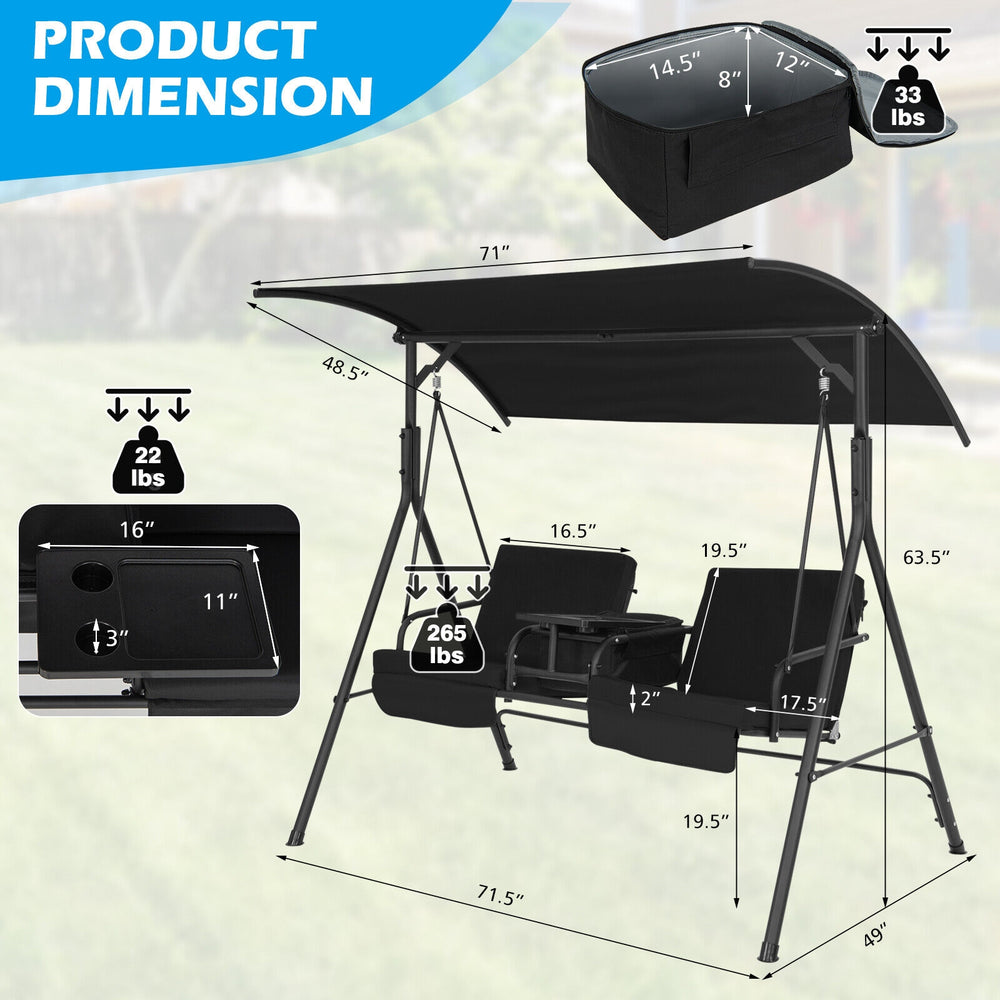 Porch swing chair with adjustable canopy in black, featuring a 2-seat design and convenient middle table with cup.