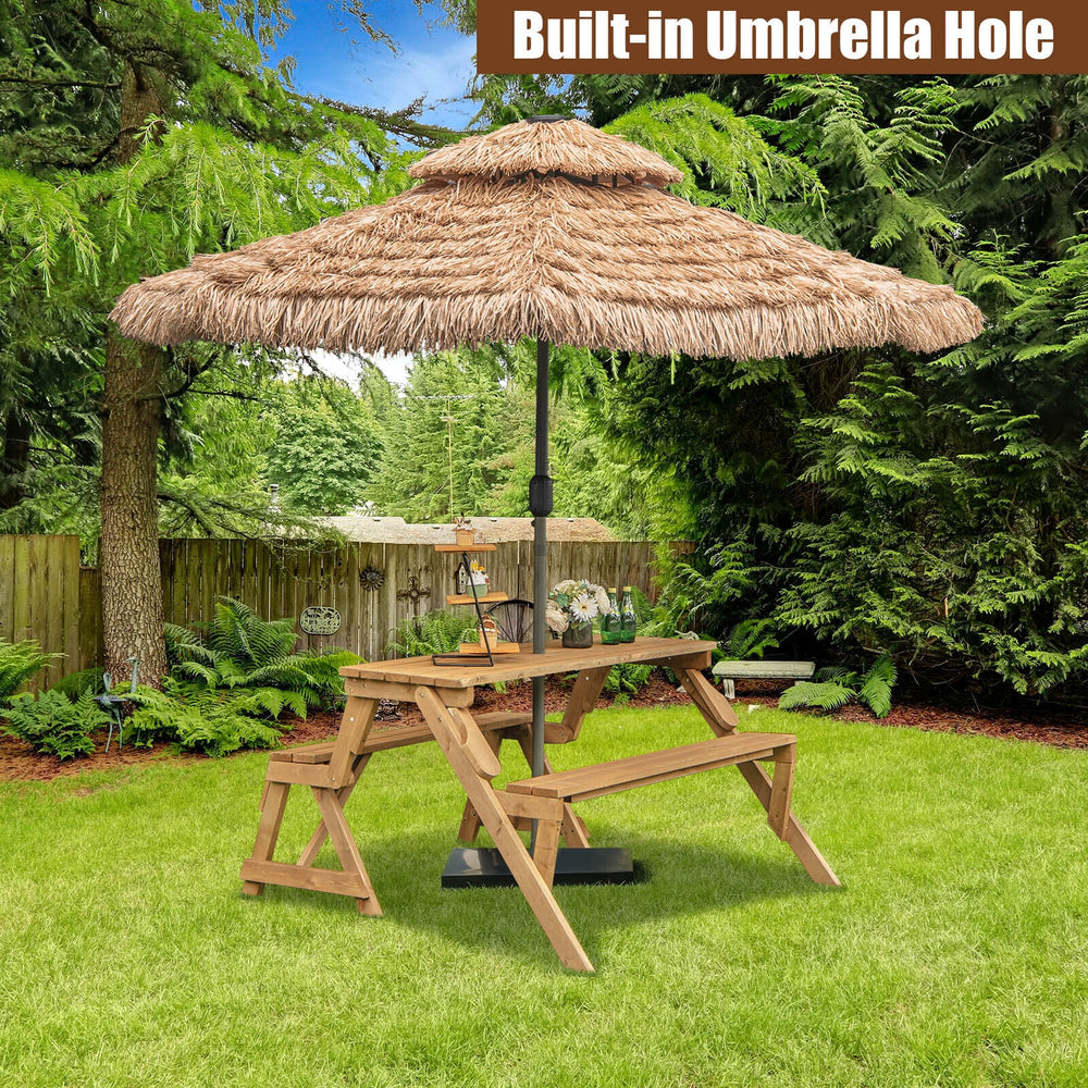 Transformable wooden picnic table bench with built-in umbrella hole, accommodating 4 people for outdoor gatherings.
