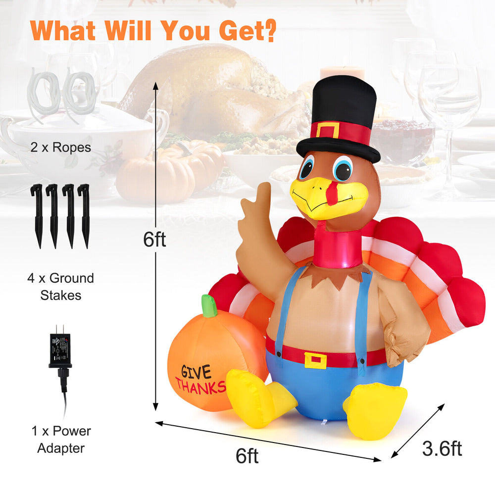 6-foot inflatable Thanksgiving turkey with pumpkin, featuring LED lights, perfect for lawn and garden decor.