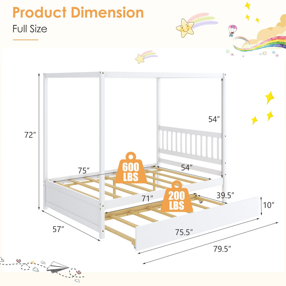 Full size white canopy bed frame with trundle, solid wood construction, 600 lbs capacity, ideal for kids' bedrooms.