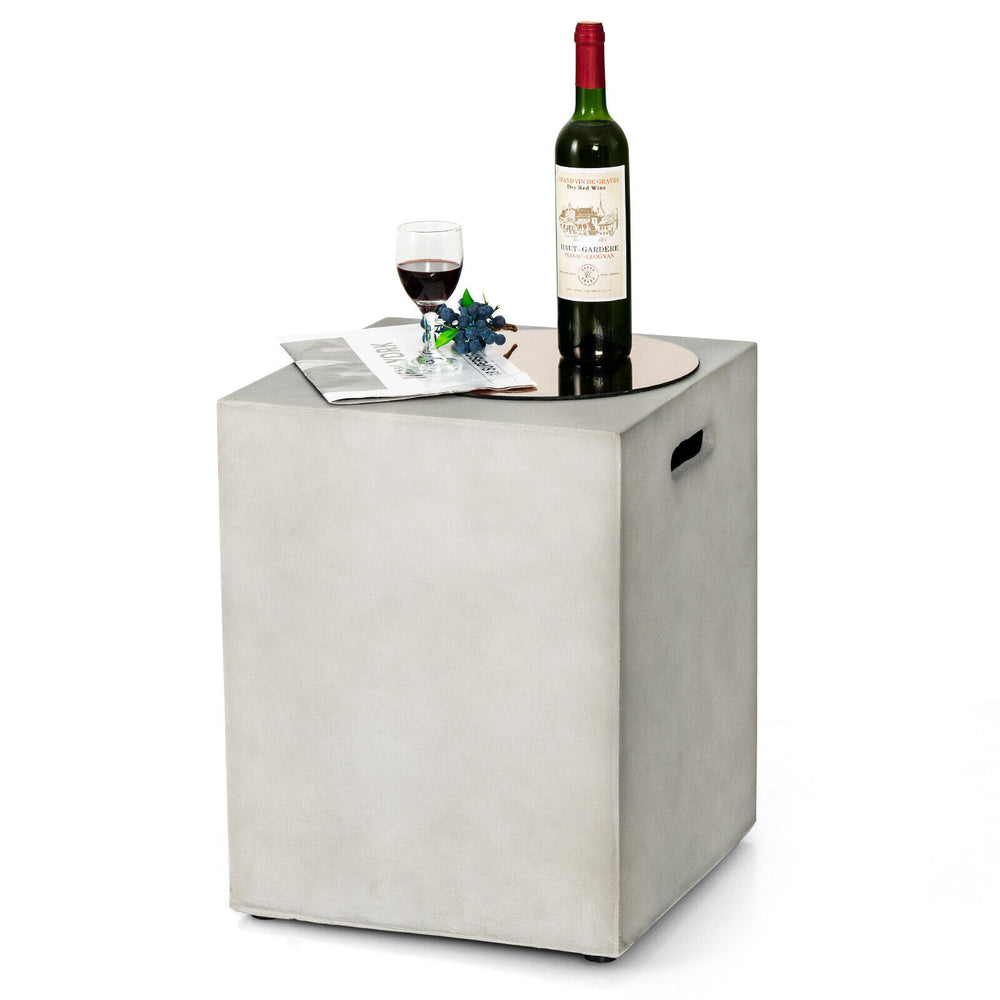 Gray propane tank cover hideaway table with a smooth top, ideal for outdoor use in gardens and patios.