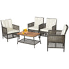 5-piece patio rattan furniture set with off-white cushions and wooden tabletop, perfect for outdoor relaxation and.