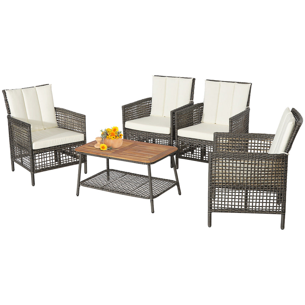 5-piece patio rattan furniture set with off-white cushions and wooden tabletop, perfect for outdoor relaxation and.