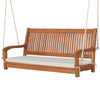2-person hanging porch swing bench with solid wood frame and cushion, ideal for backyard relaxation and comfort.