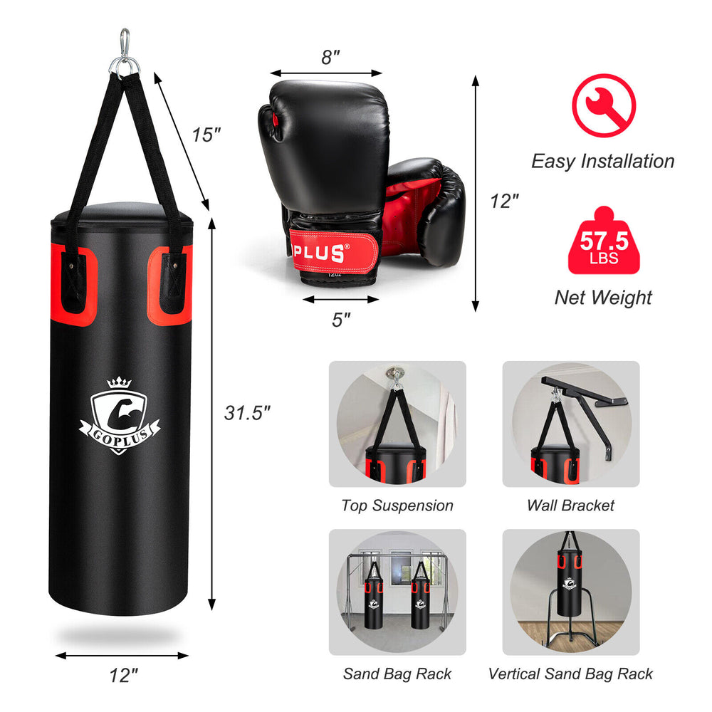 Filled punching bag set with durable PVC leather, includes gloves and hand wraps, ideal for Karate and Muay Thai.