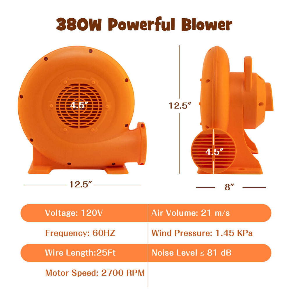 380W air blower with 25ft wire and GFCI plug, designed for inflatables, featuring a strong airflow and quiet operation.