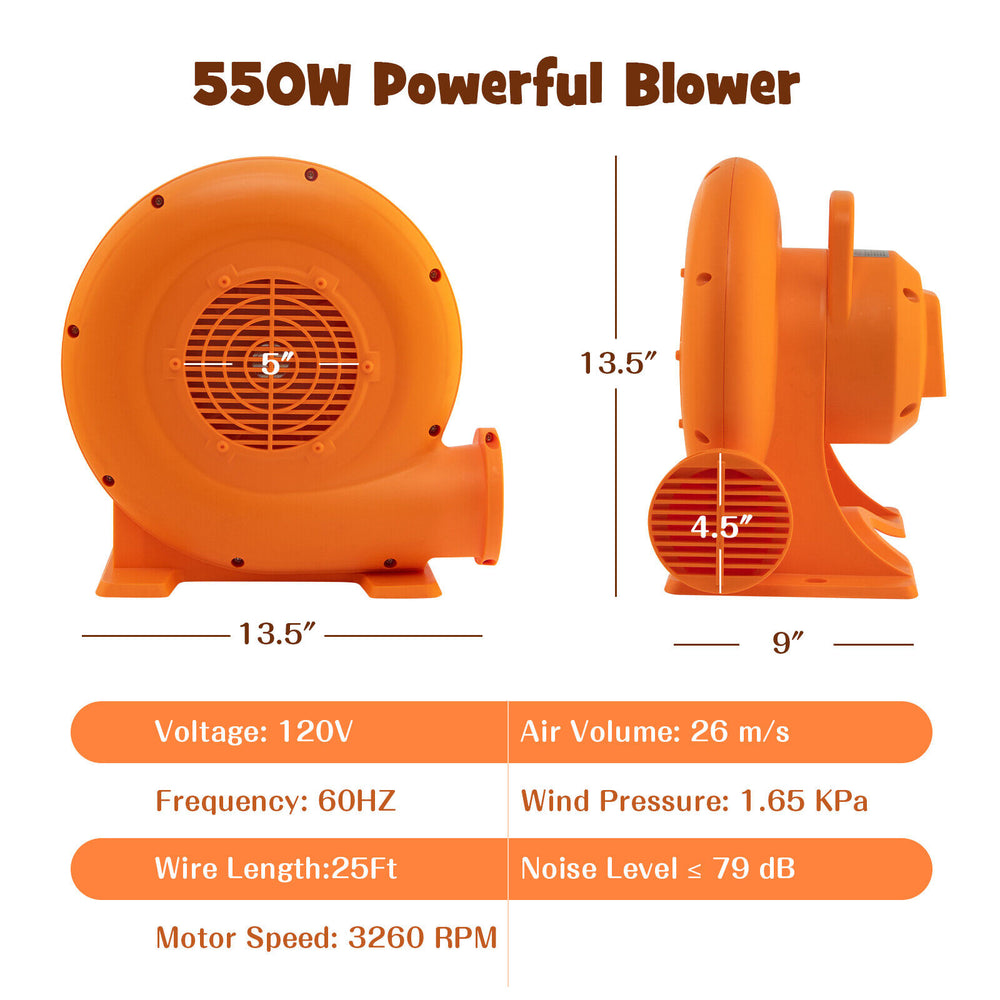 550W air blower for inflatables, featuring a 25ft GFCI cable, strong airflow, and durable odorless PP construction.