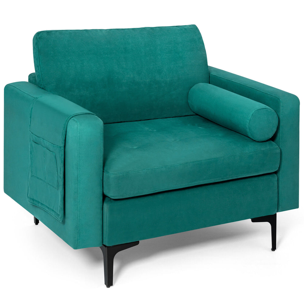 Peacock blue suede modular sofa chair with soft back pillow and side pocket for storage, ideal for living room comfort.