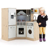 Kids corner wooden kitchen playset with stove, oven, and accessories for imaginative cooking fun and realistic play.
