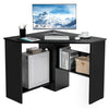 Corner computer desk in black with a triangle design, featuring a wide desktop and storage shelf for organization.