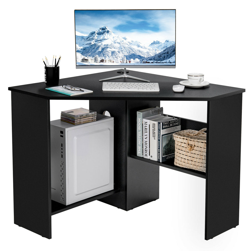 Corner computer desk in black with a triangle design, featuring a wide desktop and storage shelf for organization.