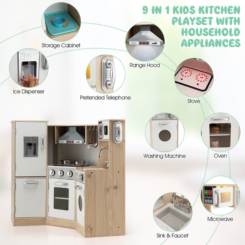 Kids Corner Wooden Kitchen Playset featuring a stove, oven, and washing machine for realistic cooking fun.