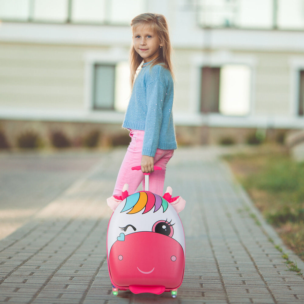 Kids rolling luggage in pink with unicorn design, 16 inches, featuring 2 flashing wheels and a telescoping handle.
