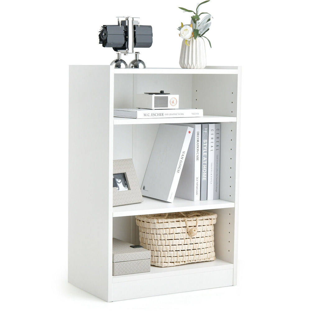 3-tier white bookcase with adjustable shelves, minimalist design for living room or bedroom organization.