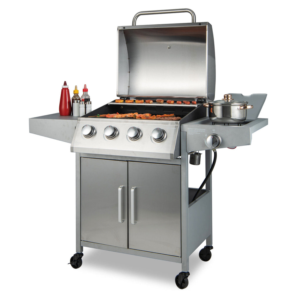 5-burner propane gas grill with side burner, stainless steel design, and two prep tables for outdoor cooking.