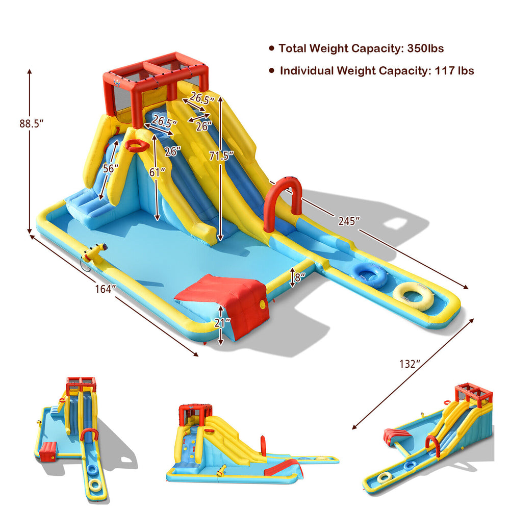 Inflatable 7-in-1 water park with dual slides, climbing wall, and pool, made of durable Oxford cloth for outdoor fun.