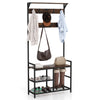 Freestanding hall tree with shoe bench, rustic brown finish, 9 removable hooks, ideal for hallway or living room.