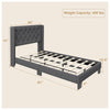 Twin size upholstered platform bed with button tufted headboard, solid wood slats, and adjustable foot pads for.