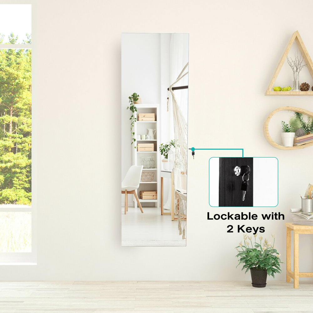 Full-length frameless mirror jewelry cabinet in black with 4 drawers, 36 hooks, and LED lights for organized storage.