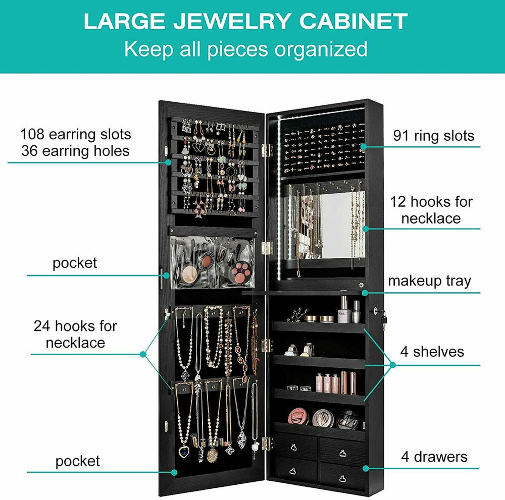 Large black jewelry cabinet featuring 36 necklace hooks, 108 earring slots, and 91 ring slots for organized storage.