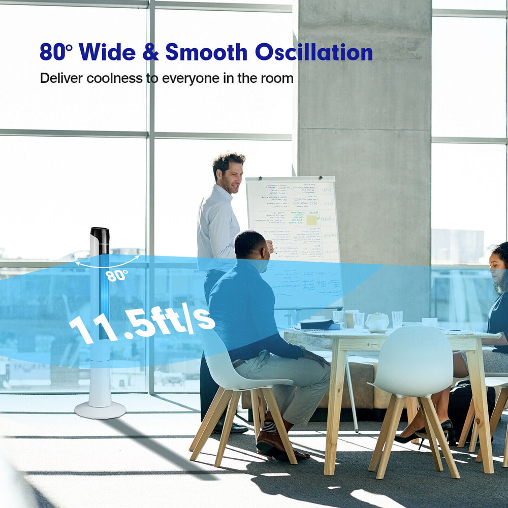 Portable 48-inch tower fan with remote control, featuring 80° oscillation and 3 speed settings for efficient cooling.