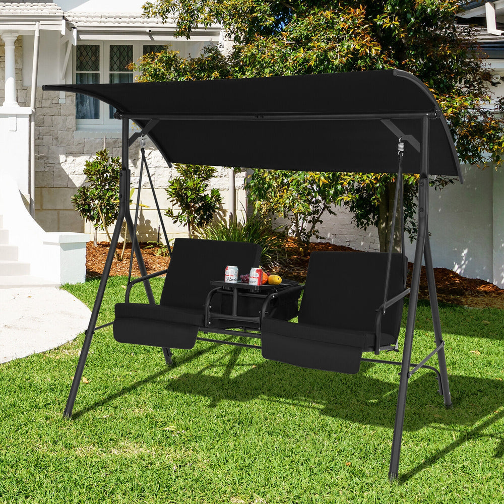 Two-seat black porch swing chair with adjustable canopy, featuring a middle table and cup holder for outdoor relaxation.