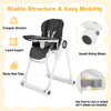 Foldable black baby high chair with adjustable backrest, 4 lockable wheels, and removable dishwasher-safe trays.