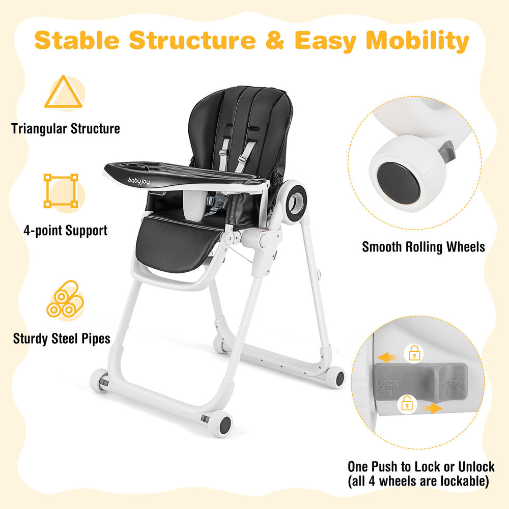 Foldable black baby high chair with adjustable backrest, 4 lockable wheels, and removable dishwasher-safe trays.