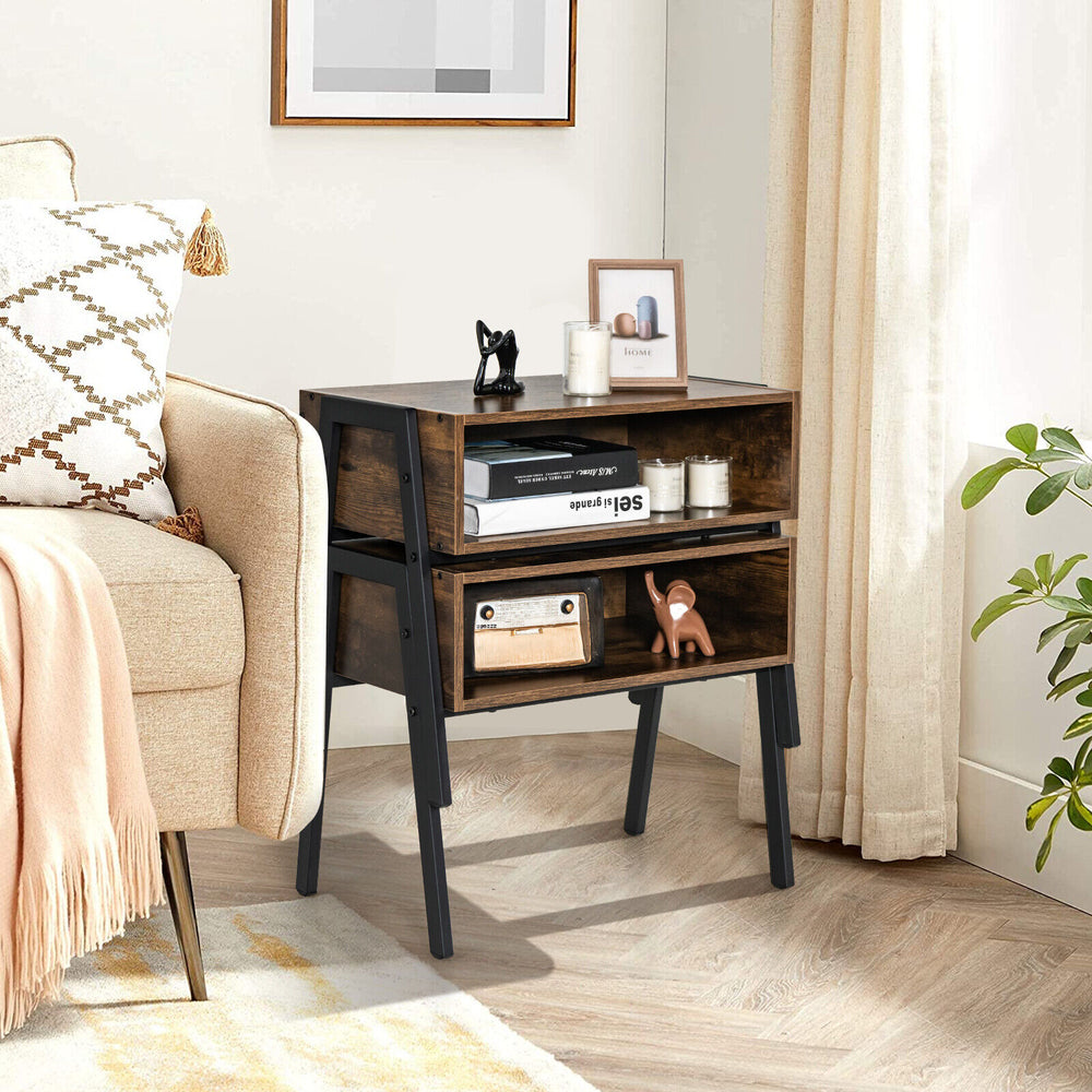 Stackable nightstand shelf with metal frame, featuring spacious storage compartments and a retro design for versatile.