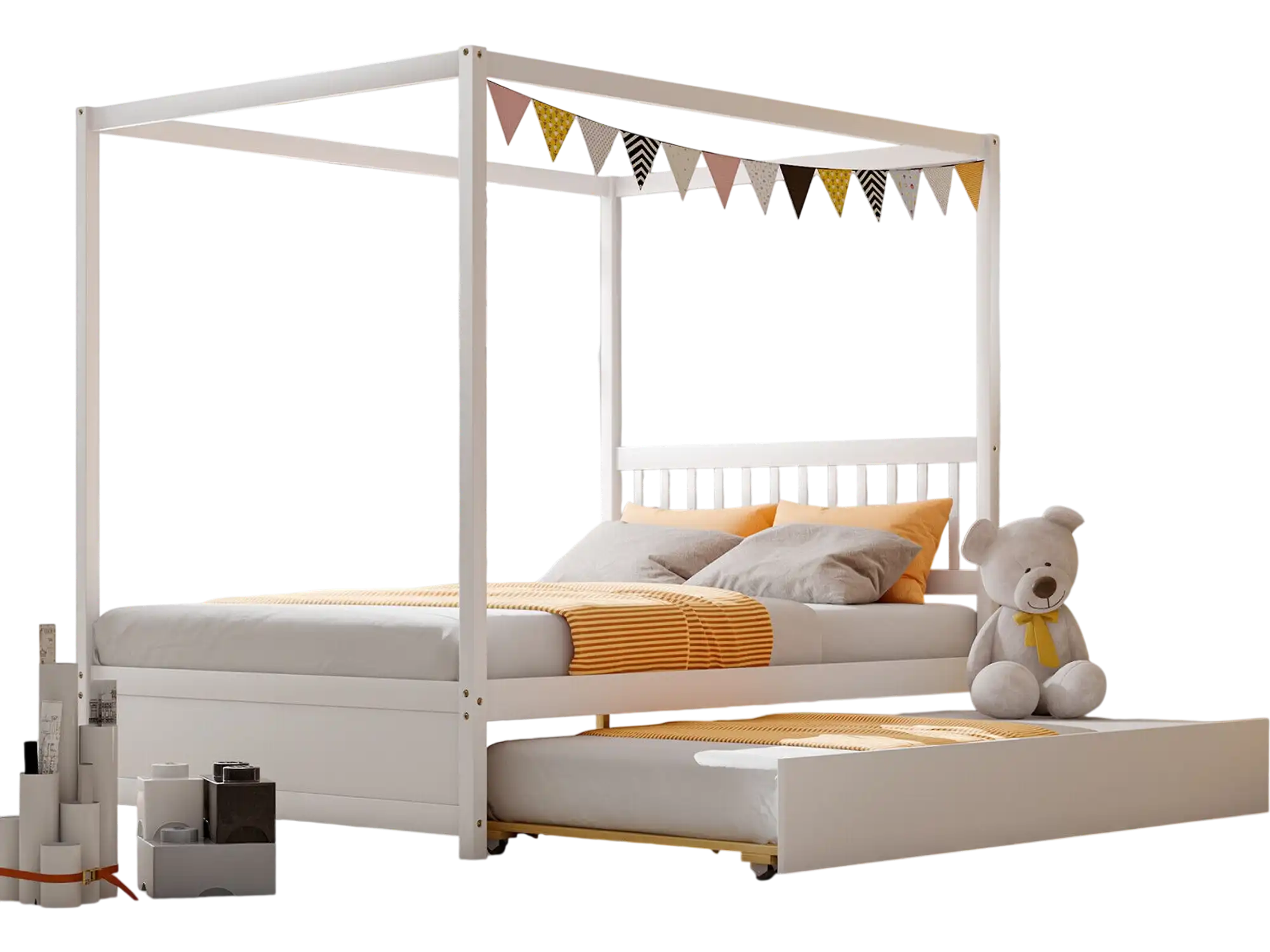 Costway Full Canopy Bed Frame w/ Trundle Headboard White 57906241 New