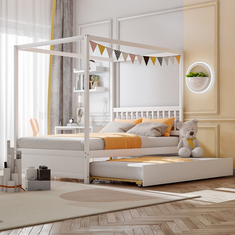 Full Size Canopy Bed with Trundle Wooden Platform Bed Frame Headboard-White - Gallery View 1 of 10