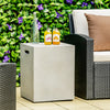 Gray propane tank cover hideaway table with drinks, ideal for outdoor use in garden or patio settings.
