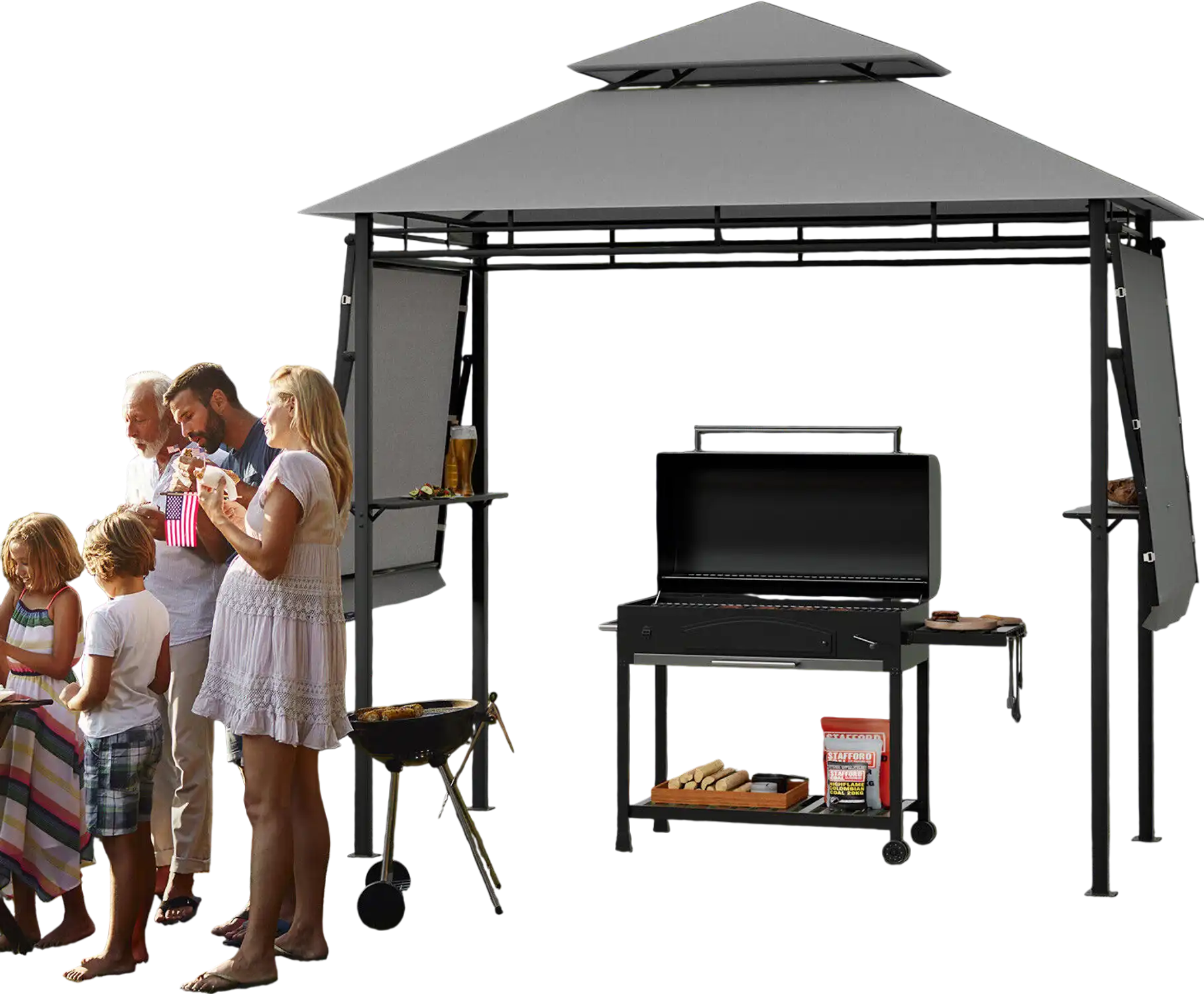 Costway 13.5' x 4' Patio BBQ Grill Gazebo Canopy Dual Side Awnings Gray 90721345 New