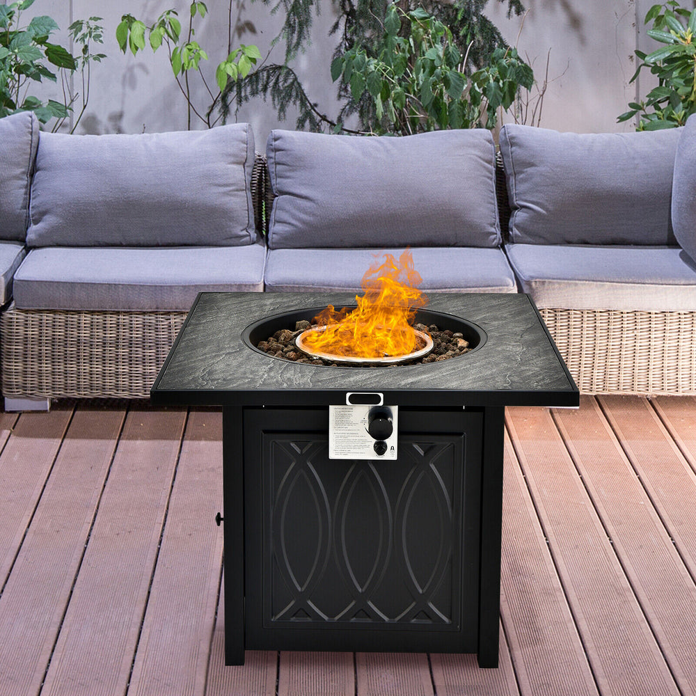 Square 32-inch propane fire pit table with lava rocks, 50,000 BTU, ideal for patio or garden relaxation.