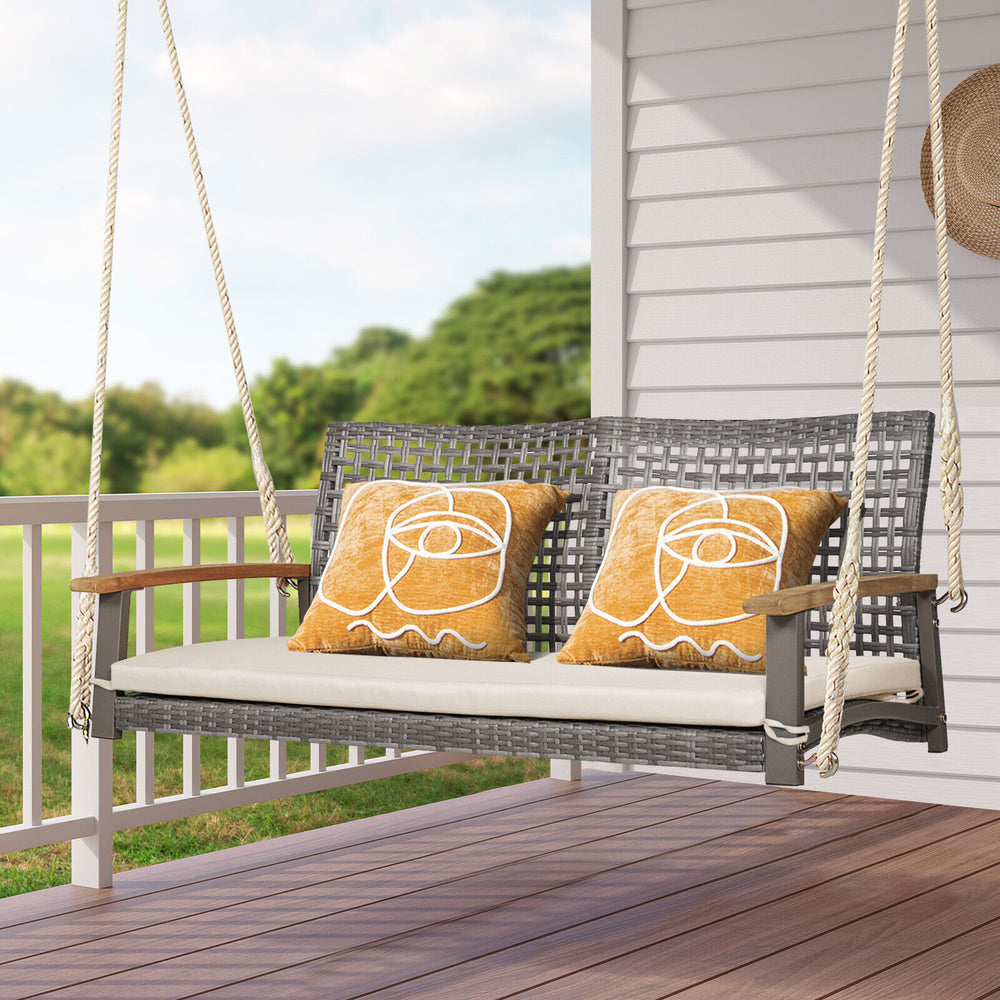2-Person Patio Wicker Hanging Swing Chair-Off White - Gallery View 1 of 10