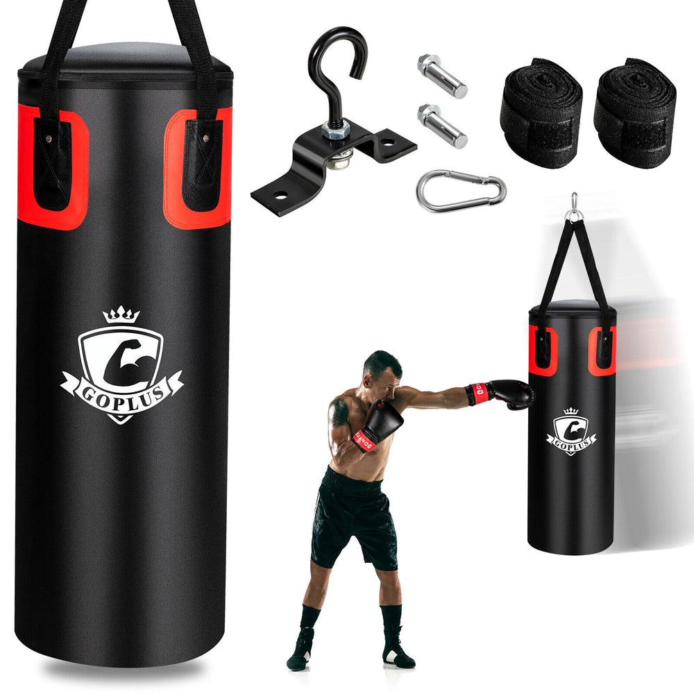 Filled punching bag set with durable PVC leather, includes hand wraps and gloves, ideal for Karate and Muay Thai.
