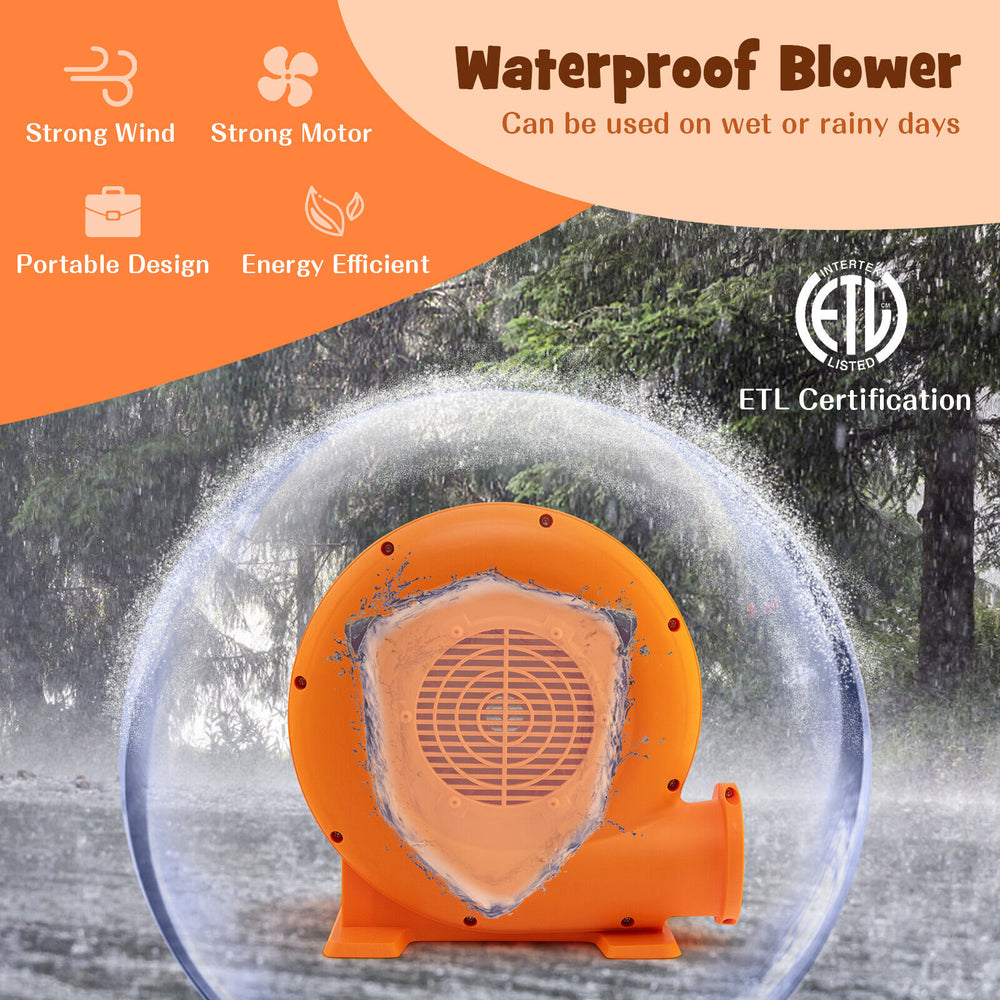 550W waterproof air blower with a strong motor and 25ft GFCI cable, ideal for inflatables in wet conditions.