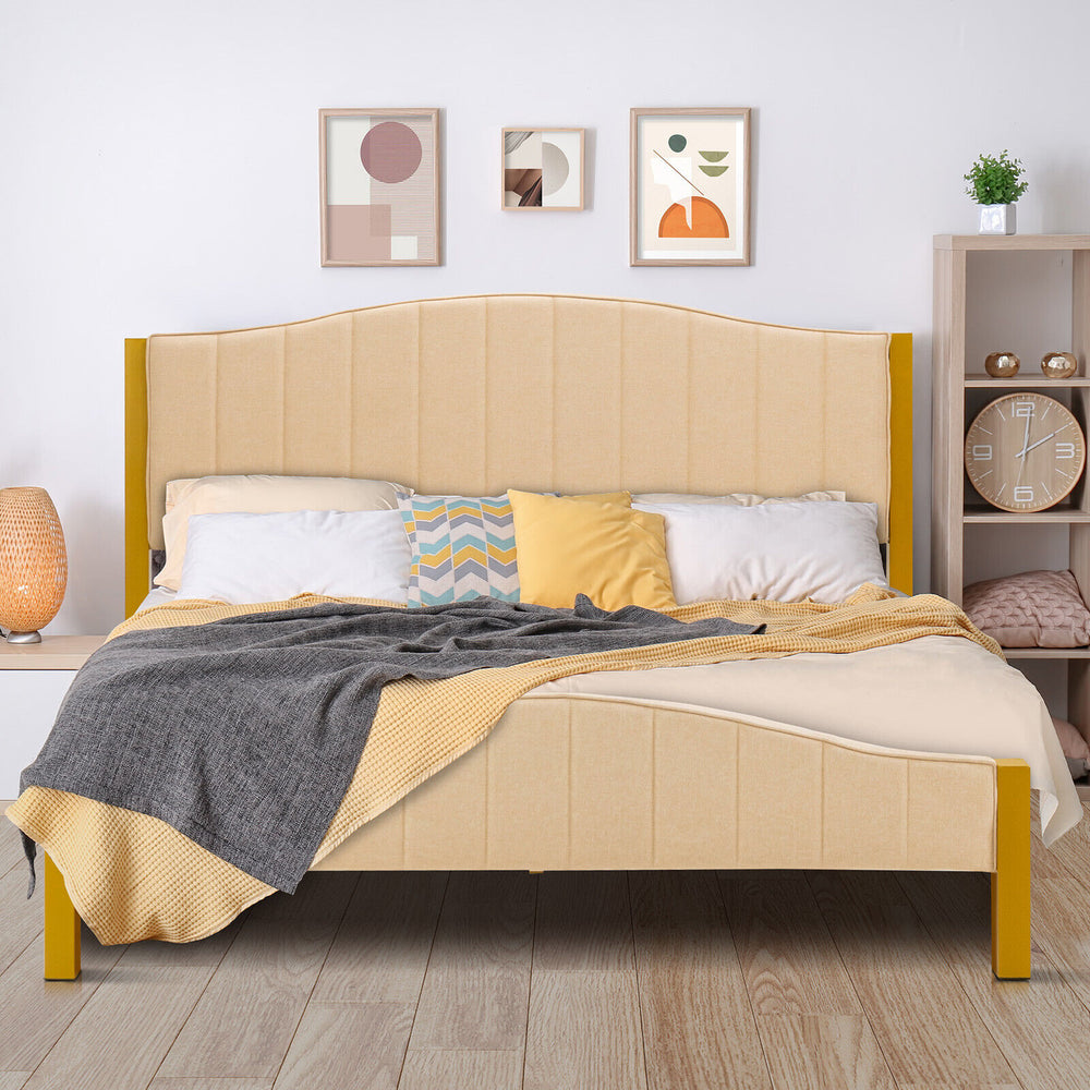 Upholstered queen size bed frame with quilted headboard, featuring solid wood slats and noise-reduction foam for.