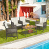 5-piece patio rattan furniture set with off-white cushions and wooden tabletop, perfect for outdoor relaxation by the.