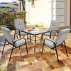 Square 35" patio dining table with tempered glass top and umbrella hole, ideal for outdoor gatherings with four people.