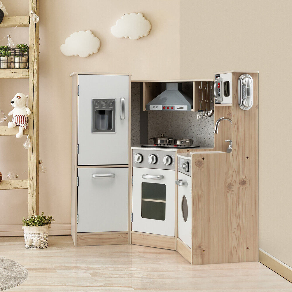 Kids corner wooden kitchen playset with stove, microwave, and storage cabinets for realistic cooking fun.