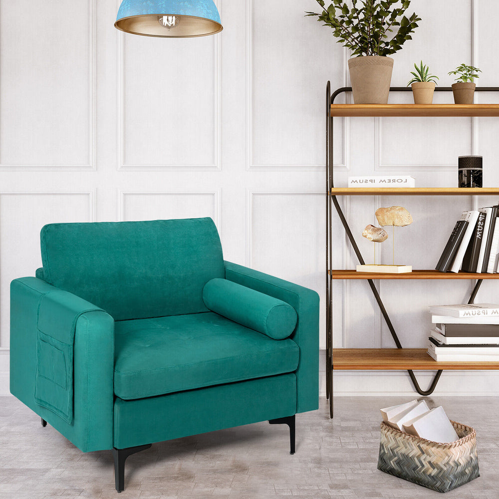 Peacock blue modular sofa chair with soft back pillow and side pocket, ideal for living room or office use.