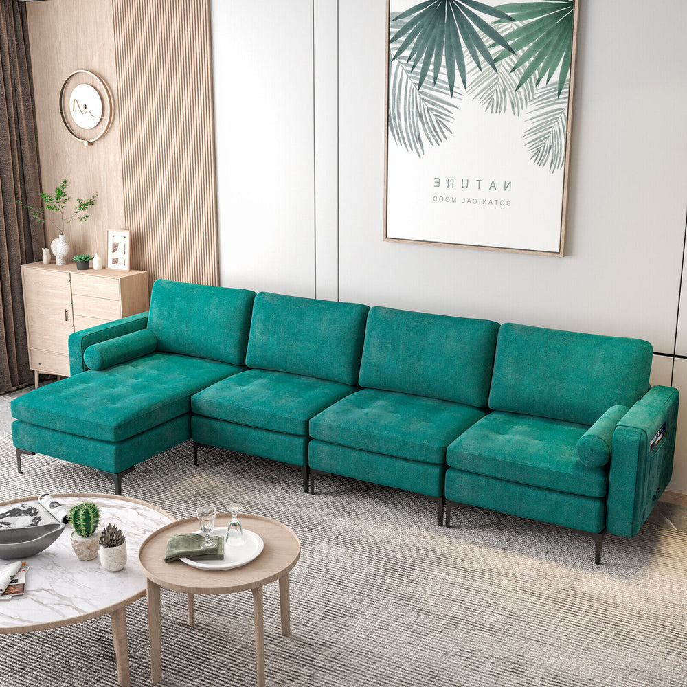 Modular L-shaped 4-Seat Sectional Sofa with Reversible Chaise and 2 USB Socket-Teal - Gallery View 1 of 11