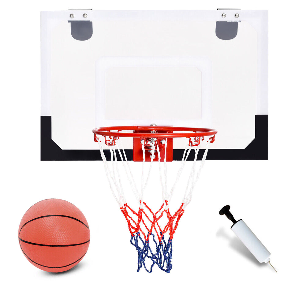Over-the-door mini basketball hoop with 18" polycarbonate backboard, includes rubber basketball and two nylon nets.