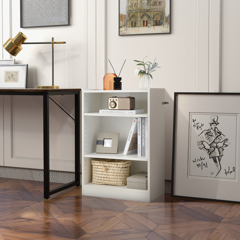 3-tier white bookcase featuring a raised edge on top, ideal for securing items in a stylish living room or study.