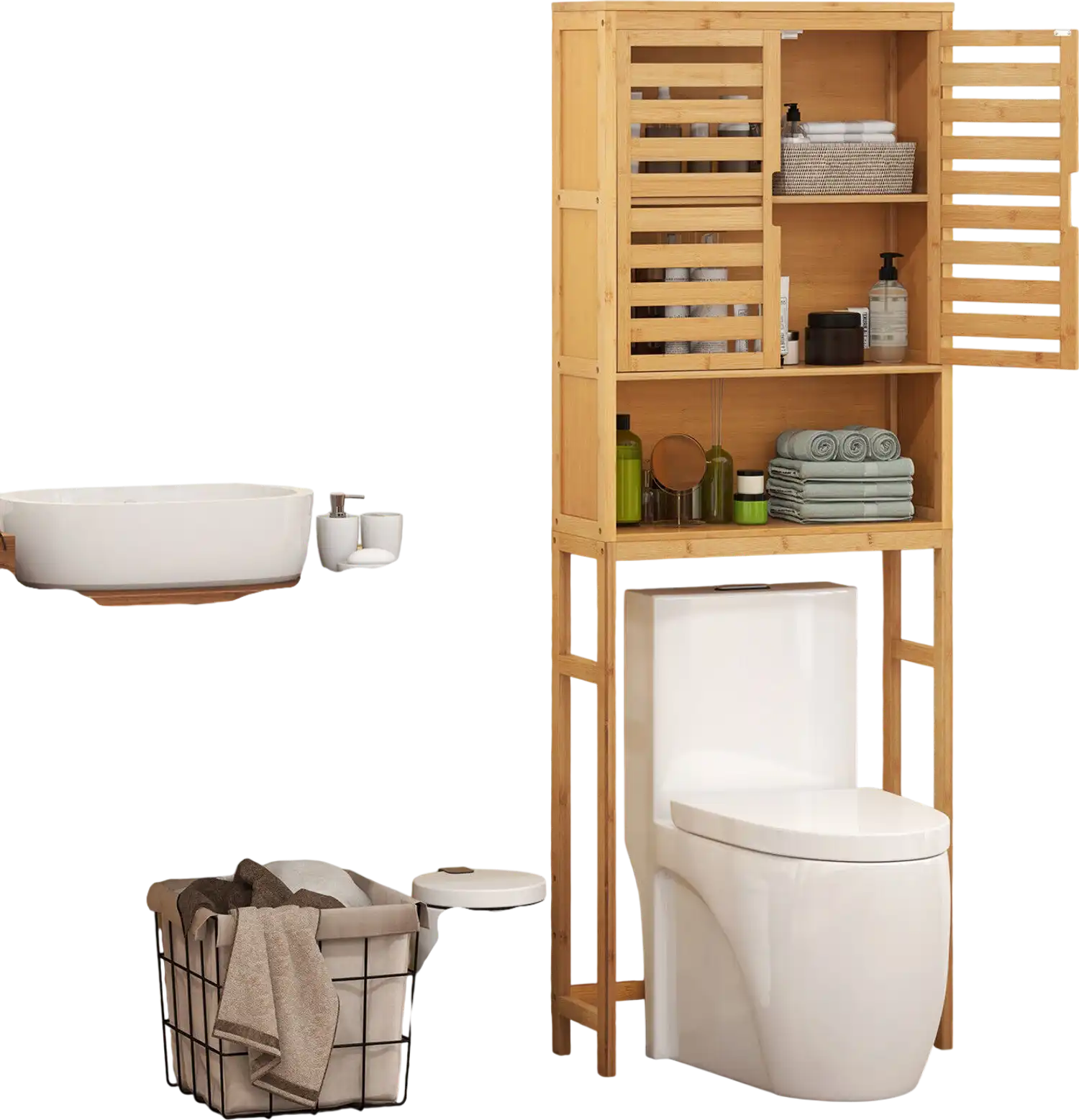 Costway Bamboo Over Toilet Storage Cabinet Adjustable Shelf Natural 71824936 New