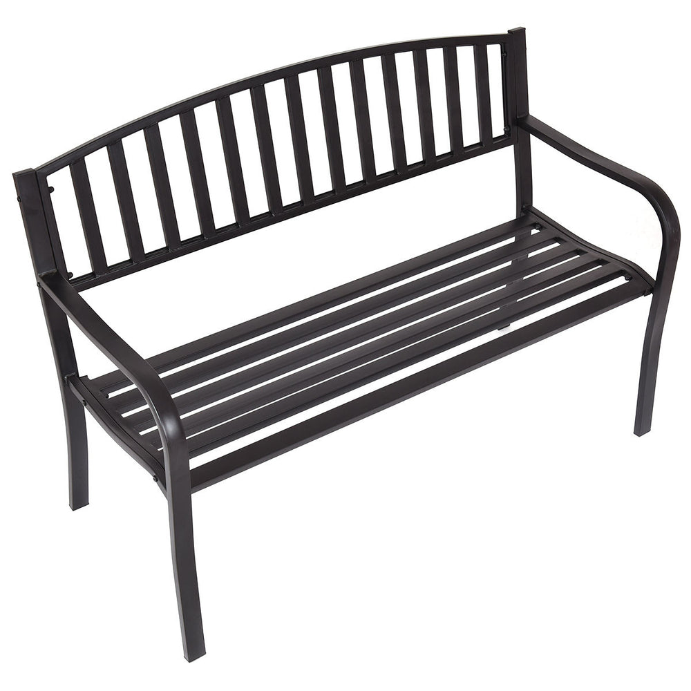 50-inch patio garden bench loveseat with solid steel frame and ergonomic design, perfect for outdoor relaxation.