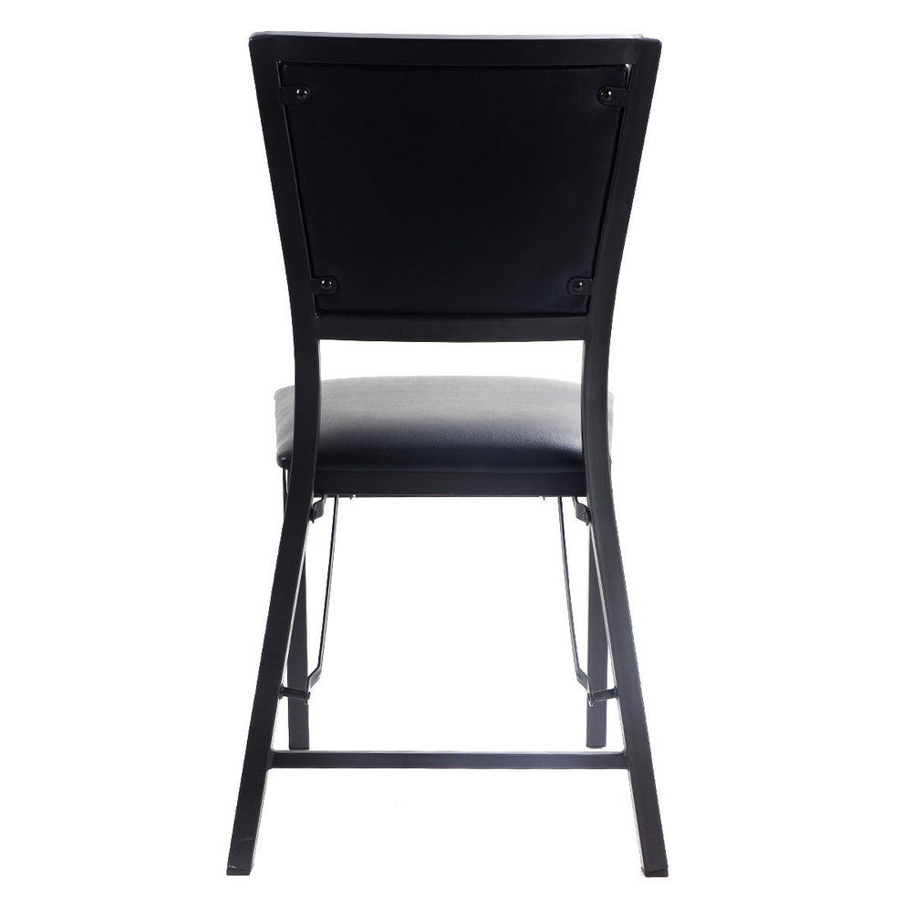 Back view of a metal folding dining chair with ergonomic sling back, durable steel frame, and space-saving design.