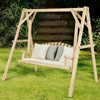 Outdoor wooden porch swing chair made of fir wood, featuring a rustic curved back, ideal for patio and garden.