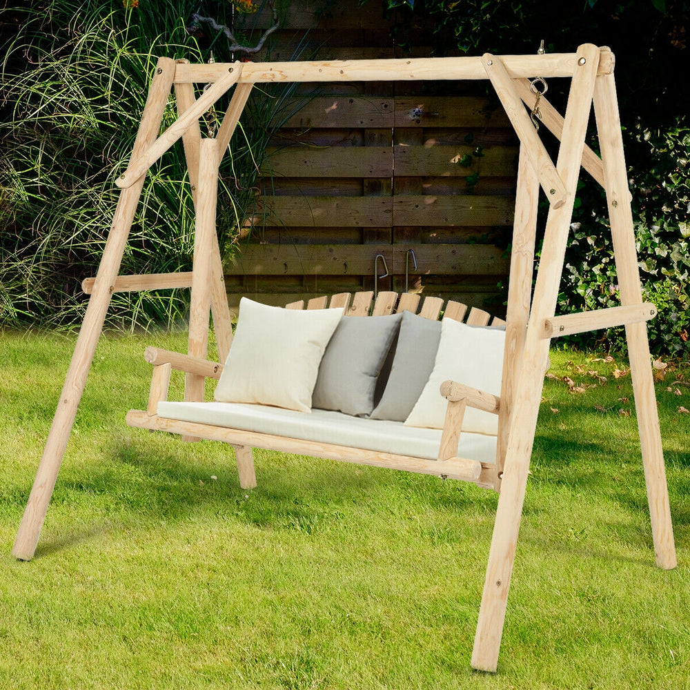 Outdoor wooden porch swing chair made of fir wood, featuring a rustic curved back, ideal for patio and garden.